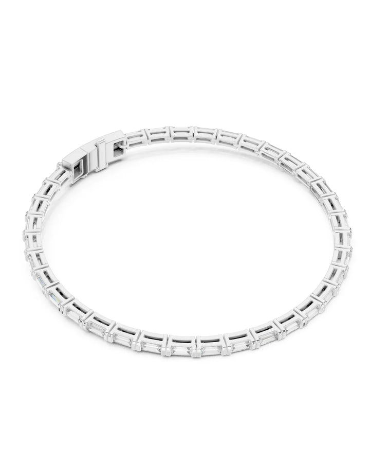 18K White Gold Vermeil Arin Baguette Moissanite Tennis Bracelet in 925 Sterling Silver by Carat For You on white background