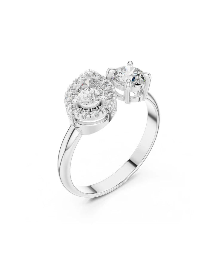 18K White Gold Vermeil Beth Halo Toi et Moi Moissanite Ring