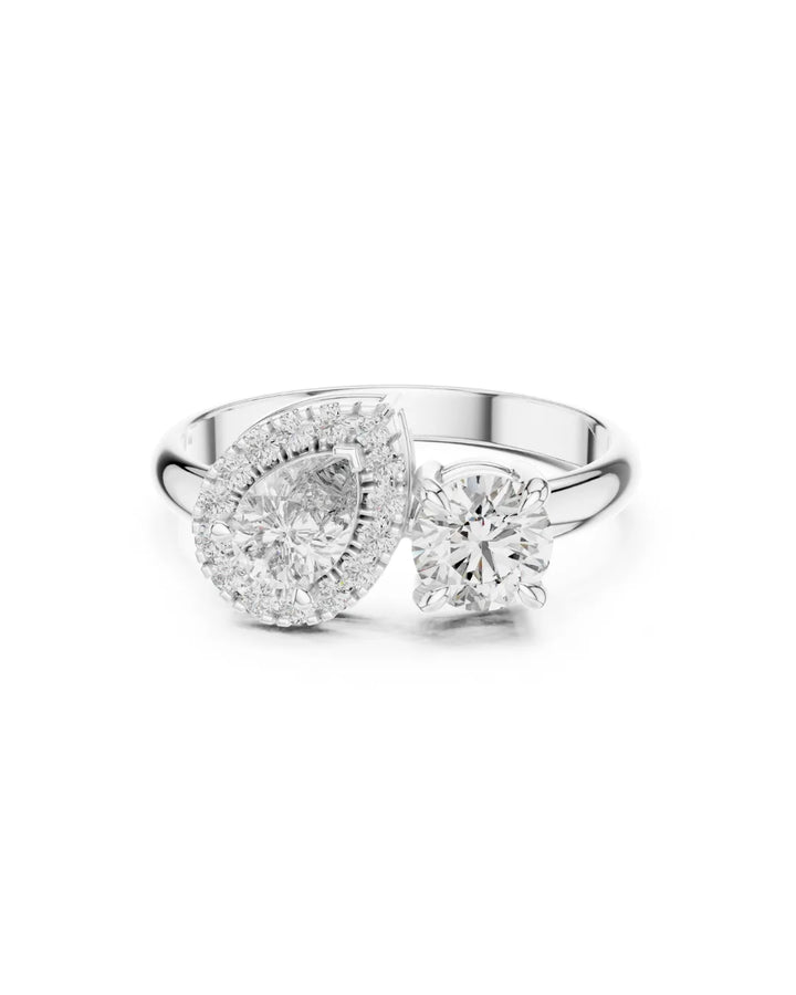 18K White Gold Vermeil Beth Halo Toi et Moi Moissanite Ring in 925 Sterling Silver