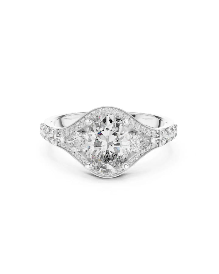 18K White Gold Vermeil Neriah Oval & Pear Moissanite Split Shank Engagement Ring in 925 Sterling Silver