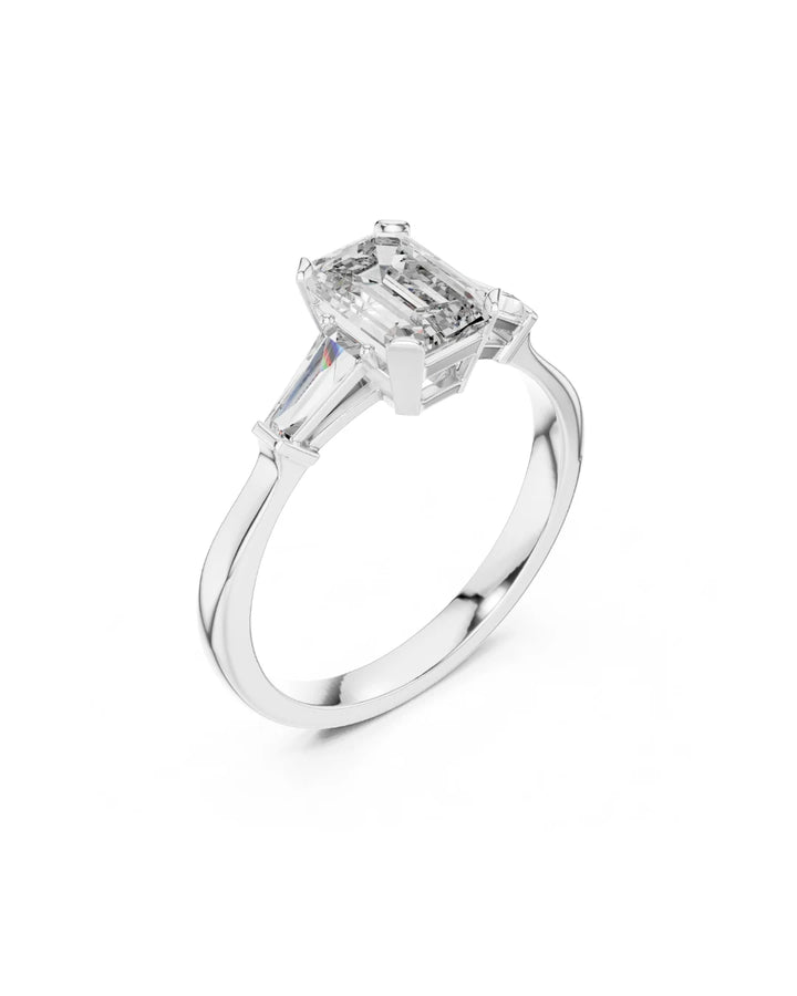 18K White Gold Vermeil Nyra Emerald & Baguette Cut Three Stone Moissanite Ring in 925 Sterling Silver