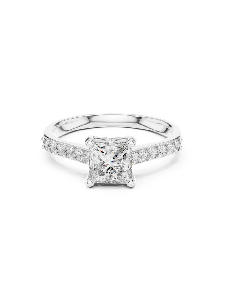 18K White Gold Vermeil Quin Classic Princess Cut Pave Moissanite Solitaire Ring in 925 Sterling Silver