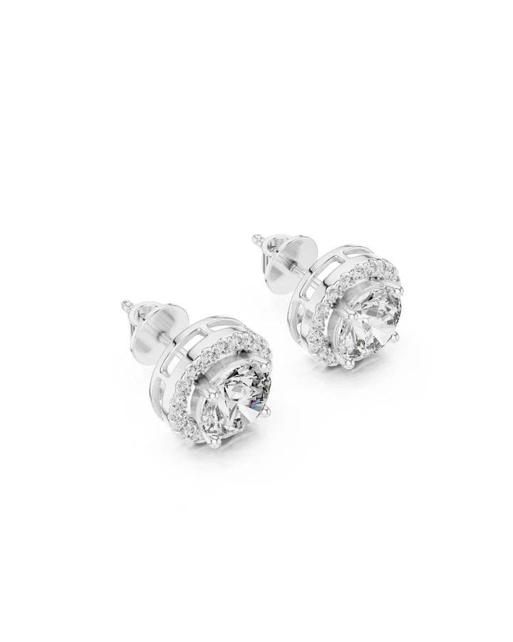 18K White  Gold Vermeil Thea Round Halo Moissanite Stud Earrings