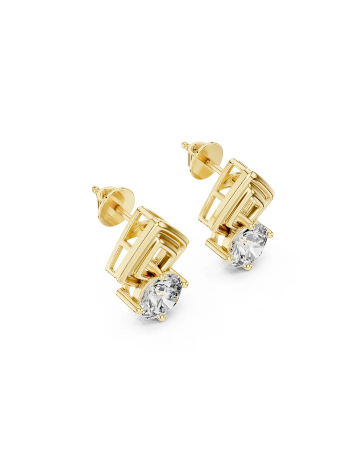 18K Yellow Gold Vermeil Nova Deco Frame Moissanite Stud Earrings in 925 Sterling Silver