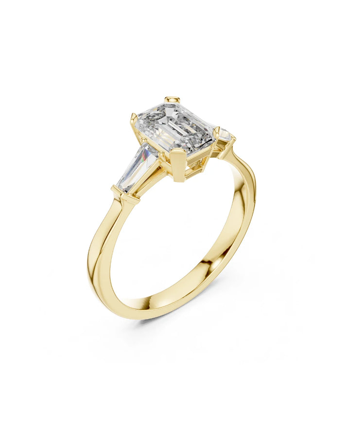 18K Yellow Gold Vermeil Nyra Emerald & Baguette Cut Three Stone Moissanite Ring