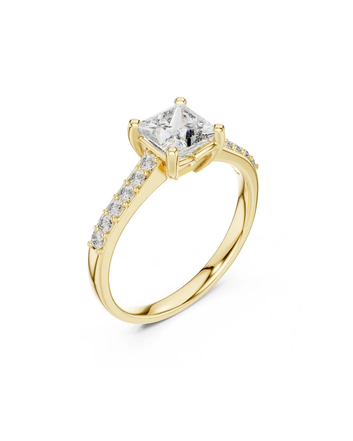 18K Yellow Gold Vermeil Quin Classic Princess Cut Pave Moissanite Solitaire Ring
