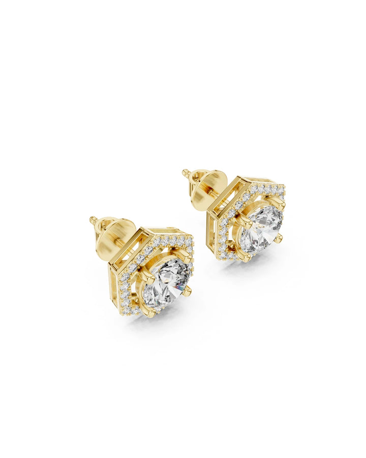 18K Yellow Gold Vermeil Stella Hexagon Halo Moissanite Stud Earrings in 925 Sterling Silver