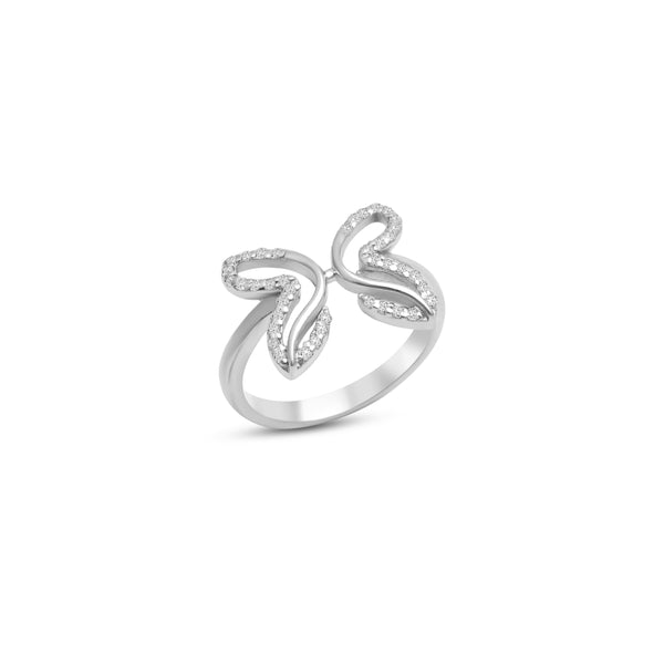 A butterfly-shaped statement ring made of 92.5 sterling silver with moissanite stones, displayed against a white background.