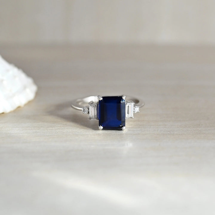 Certified Natural Emerald Cut Blue Kyanite & Moissanite Gemstone Engagement Ring - 925 Sterling Silver By Carat For You