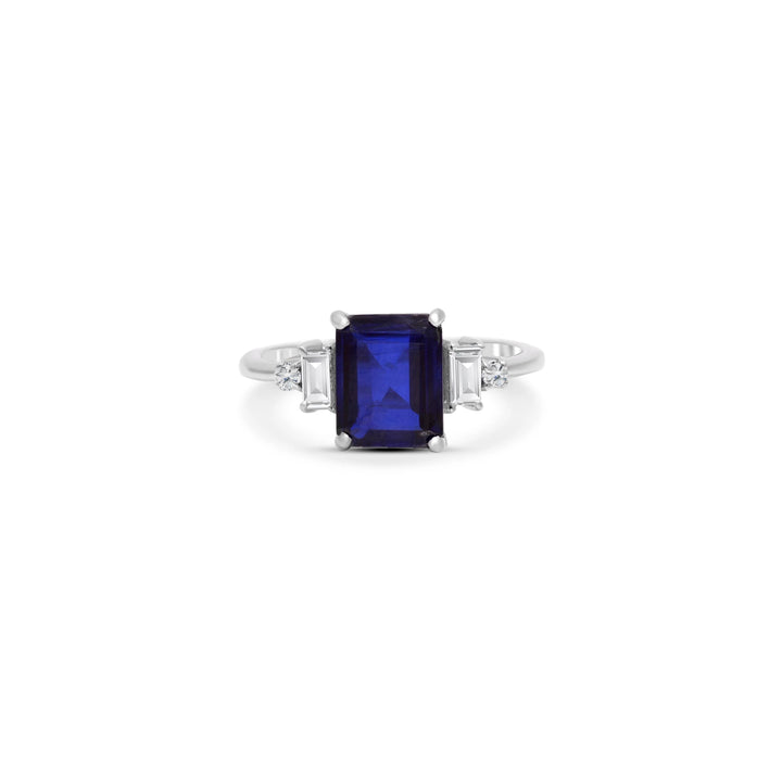 Certified Natural Emerald Cut Blue Kyanite & Moissanite Gemstone Engagement Ring - 925 Sterling Silver By Carat For You on white background