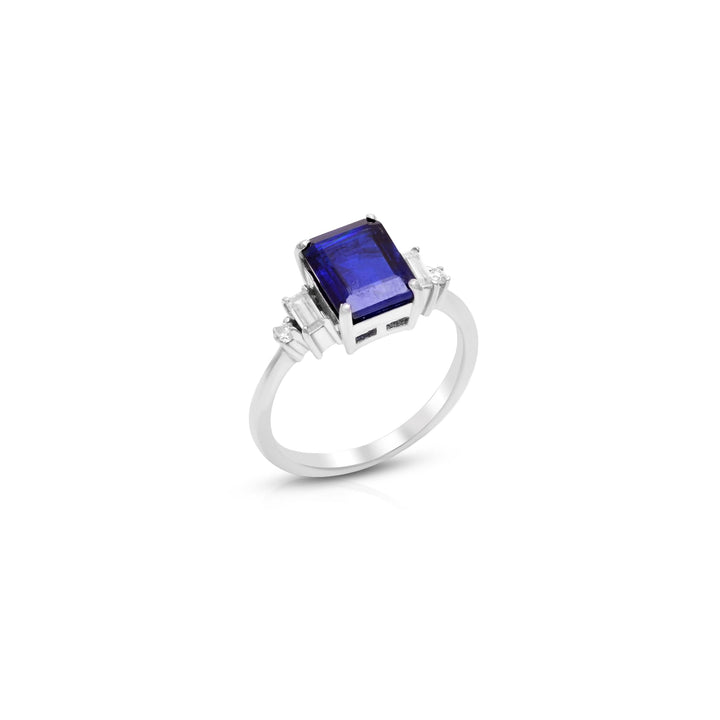 Certified Natural Emerald Cut Blue Kyanite & Moissanite Gemstone Engagement Ring - 925 Sterling Silver By Carat For You on white background