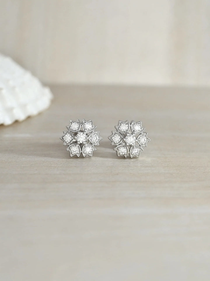 Silver Floral Radiance Moissanite Stud Earrings in 925 Sterling Silver