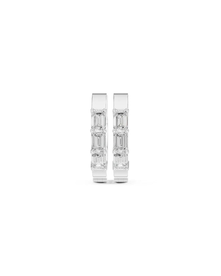 Front View of 18K White Gold Vermeil Kate Emerald Cut Moissanite Huggie Earrings - 925 Sterling Silver