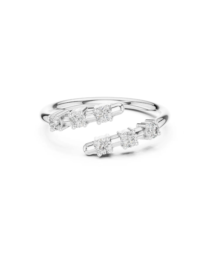 Front view of 18K White Gold Nua Bypass Adjustable Moissanite Ring - 925 Sterling Silver by Carat For You on white background