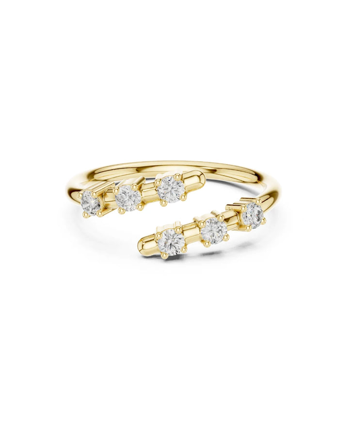 Front view of 18K Yellow Gold Nua Bypass Adjustable Moissanite Ring - 925 Sterling Silver by Carat For You on white background