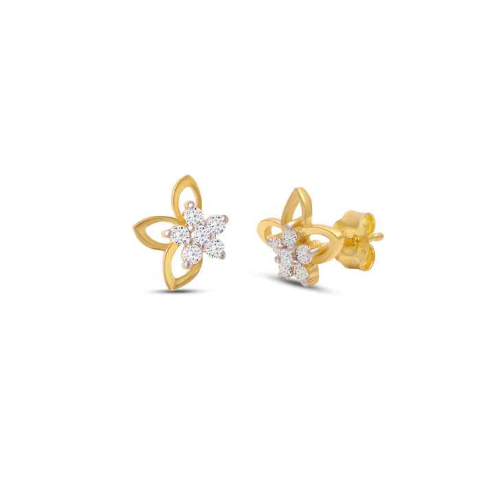 Golden Petal Spark Moissanite Stud Earrings in 925 Sterling Silver by Carat For You on white background