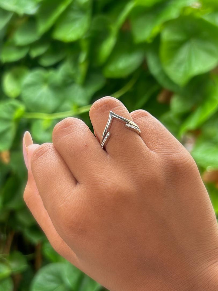 Indian Hand model wearing Modern V-Line Moissanite Statement Ring by Carat For You