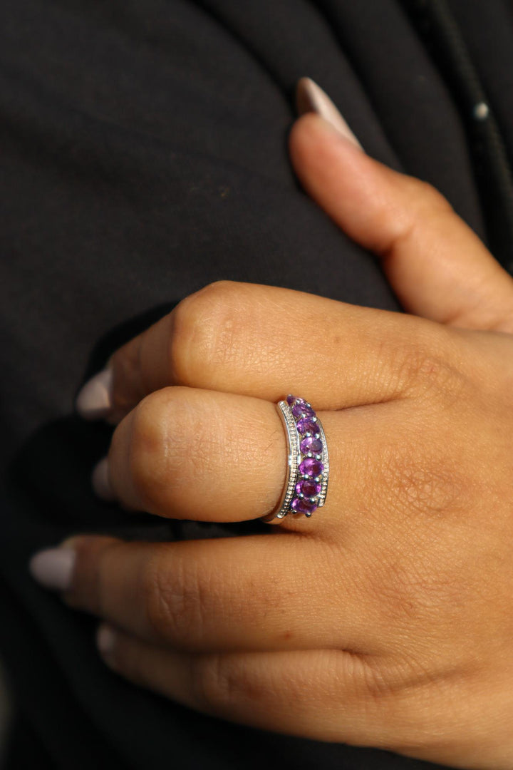 Model wearing Amethyst Unique Shape Mystic Ring in 925 Sterling Silver by Carat For You