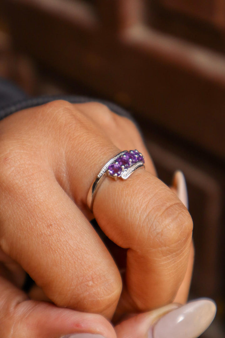 Model wearing Amethyst Unique Shape Mystic Ring in 925 Sterling Silver by Carat For You