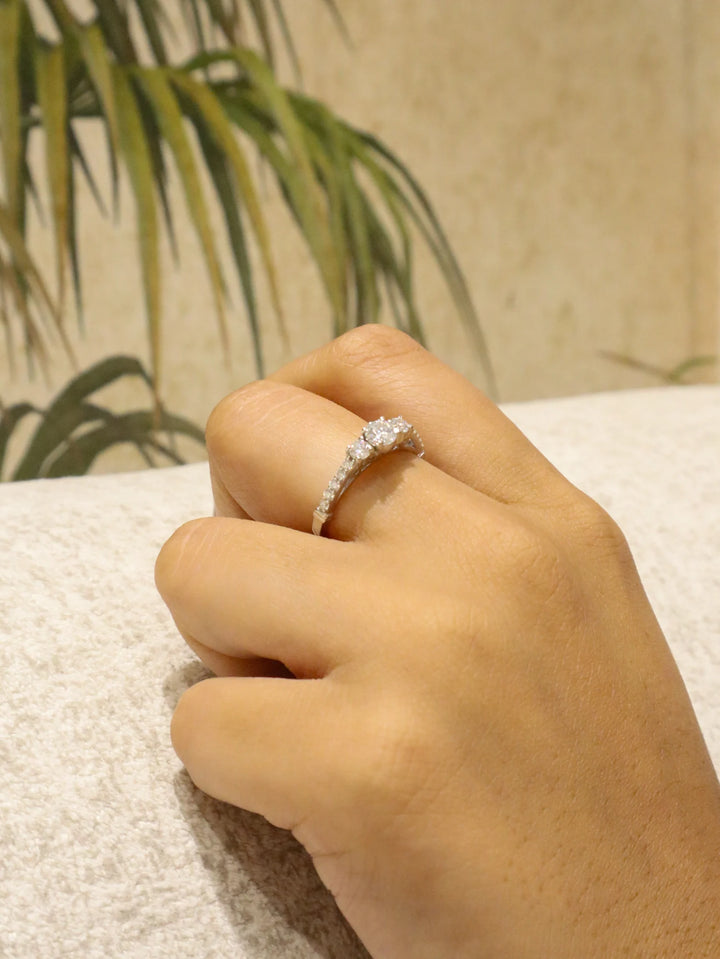 Model wearing Eternal Trilogy Moissanite Engagement Ring in 925 Sterling Silver by Carat For You