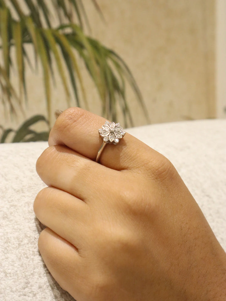 Model wearing Floral Snowflake Moissanite Statement Ring in 925 Sterling Silver by Carat For You