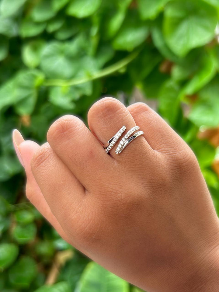 Model wearing Modern Twist Moissanite Statement Ring by Carat For You