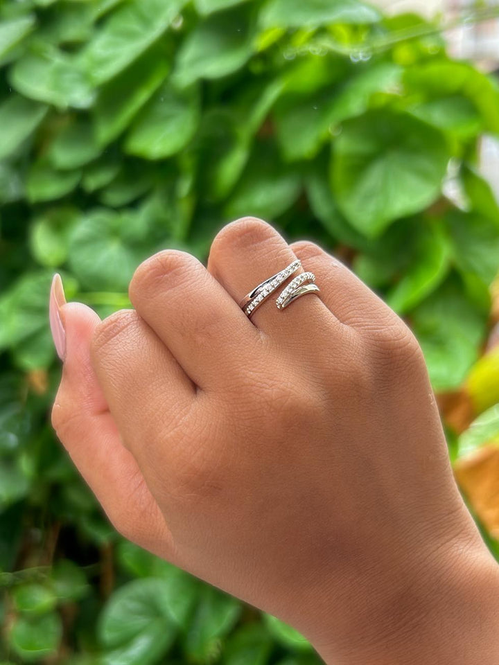 Model wearing Modern Twist Moissanite Statement Ring by Carat For You