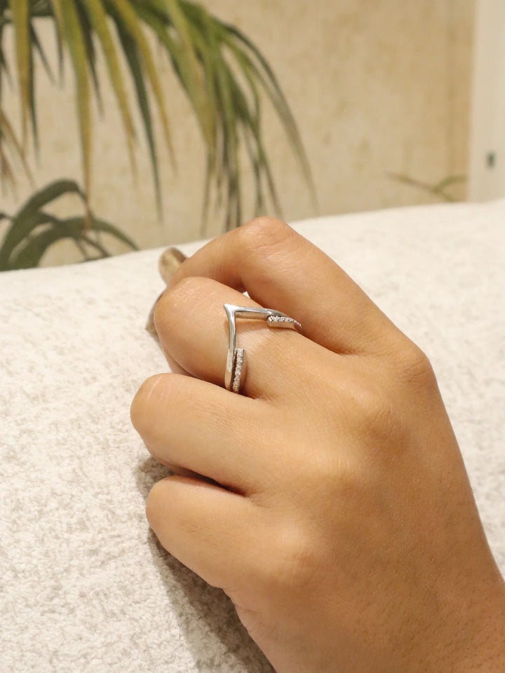 Model wearing Modern V Chevron Moissanite Statement Ring in 925 Sterling Silver by Carat For You