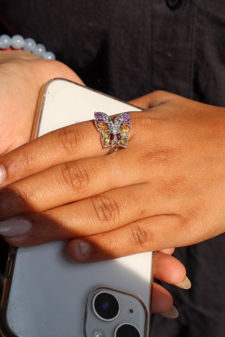 Model wearing Multi Stone Statement Butterfly Ring in 925 Sterling Silver by Carat For You