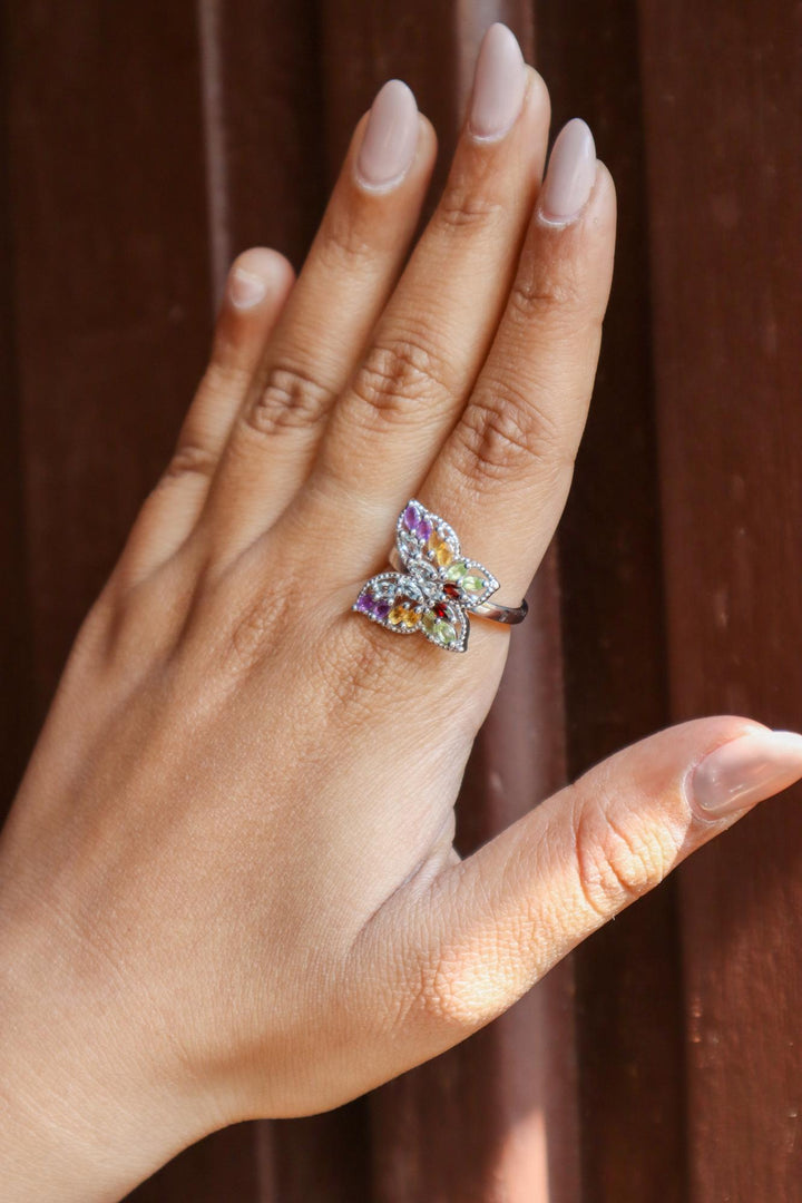 Model wearing Multi Stone Statement Butterfly Ring in 925 Sterling Silver by Carat For You