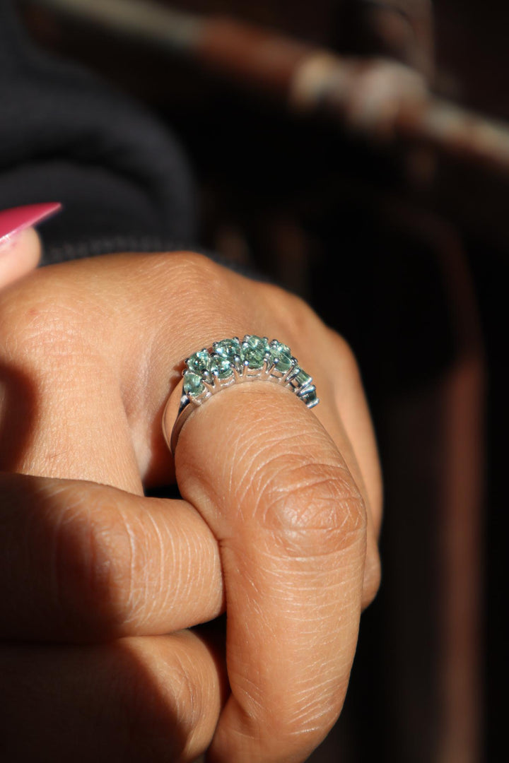 Model wearing Natural Green Sapphire Band Ring in 925 Sterling Silver by Carat For You