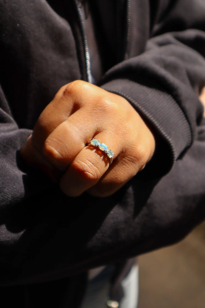 Natural Opal Three Stone Ring in 925 Sterling Silver by Carat For You