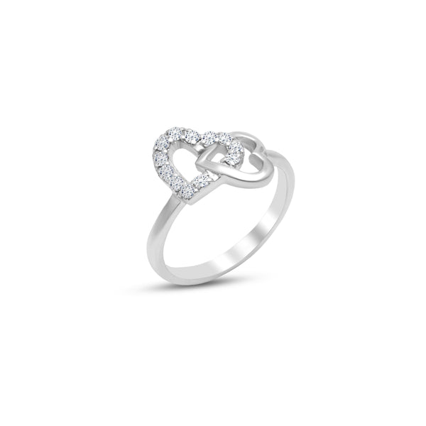A Moissanite Double Heart Ring with 925 Sterling Silver, featuring a double heart design with a reflective finish.