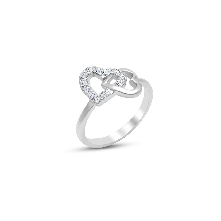 A Moissanite Double Heart Ring with 925 Sterling Silver, featuring a double heart design with a reflective finish.