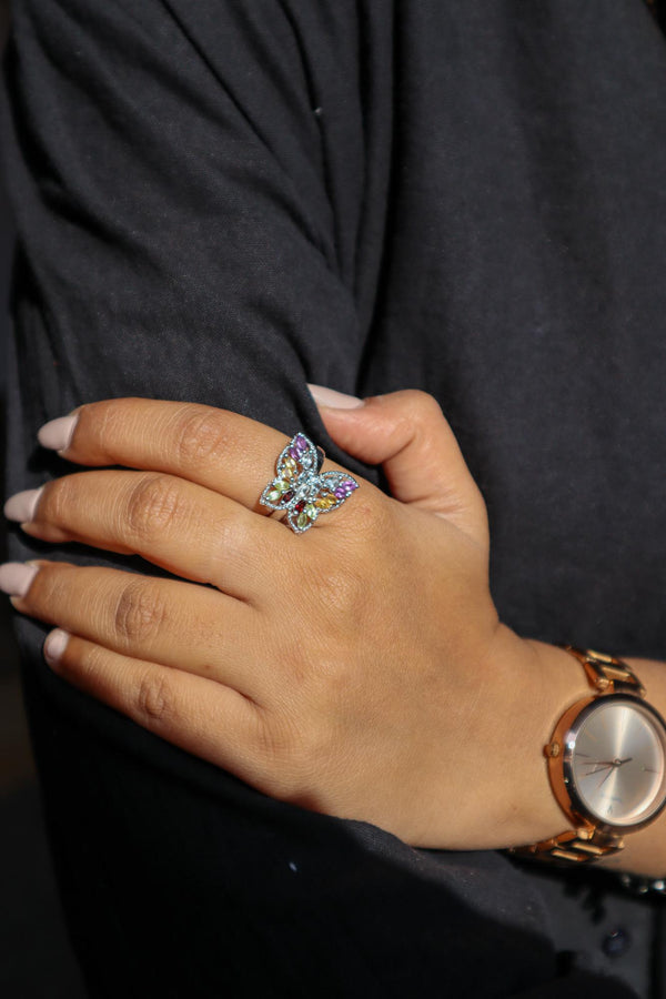 Model wearing Multi Stone Statement Butterfly Ring in 925 Sterling Silver by Carat For You