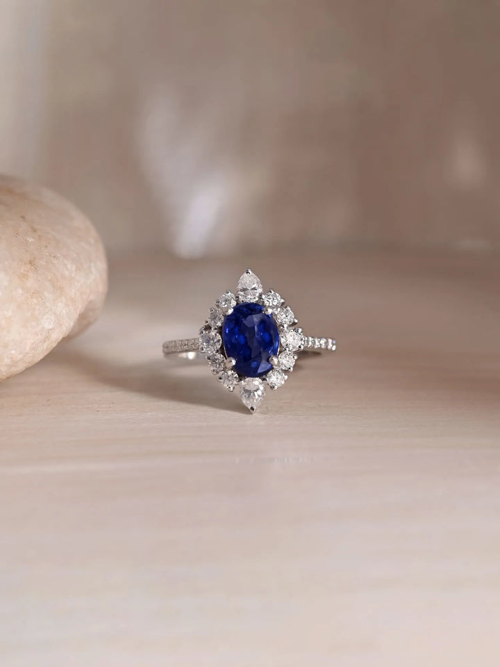 Natural Blue Kyanite & Moissanite Halo Art Deco Ring - 925 Sterling Silver Statement Gemstone Ring
