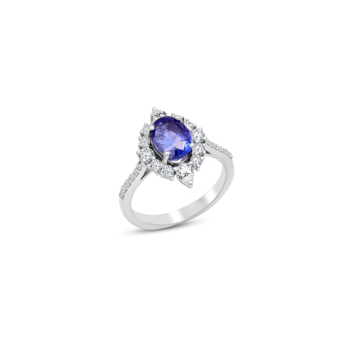 Natural Blue Kyanite & Moissanite Halo Art Deco Ring - 925 Sterling Silver Statement Gemstone Ring by Carat For You