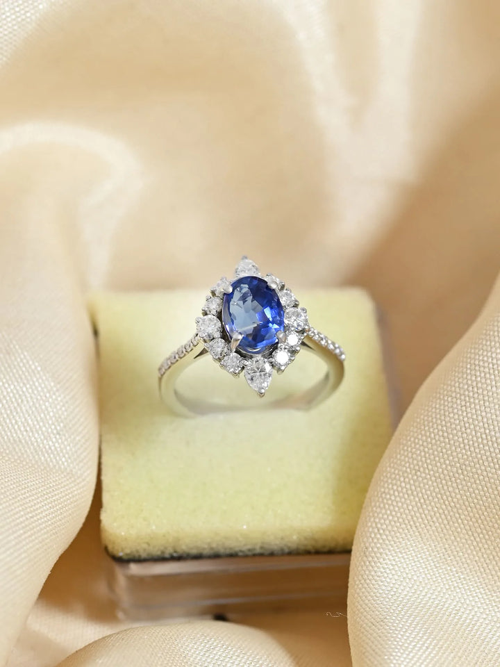 Natural Blue Kyanite & Moissanite Halo Art Deco Ring - 925 Sterling Silver Statement Gemstone Ring by Carat For You on creative background