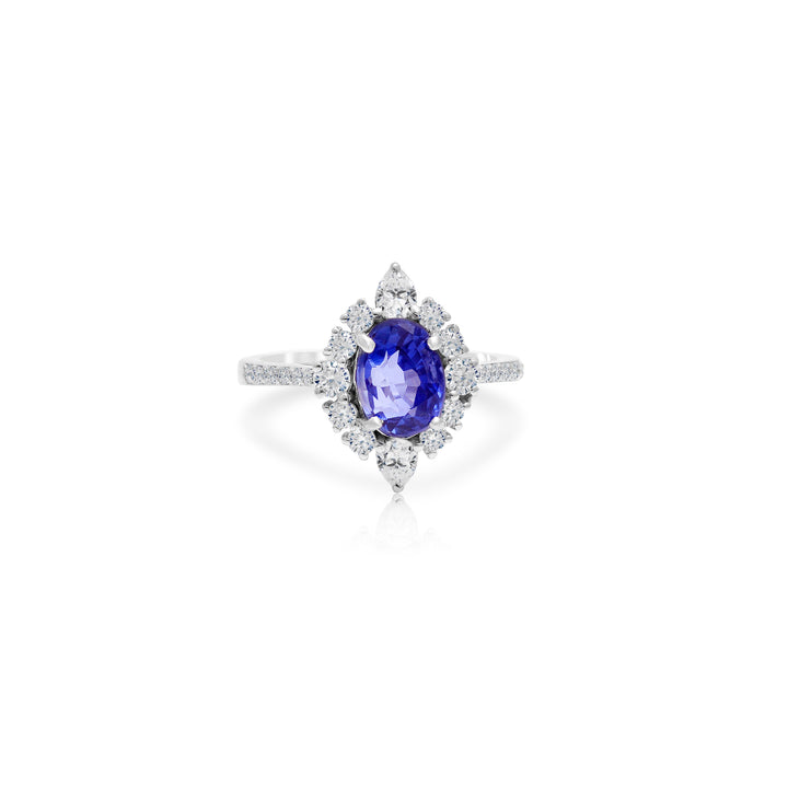Natural Blue Kyanite & Moissanite Halo Art Deco Ring - 925 Sterling Silver Statement Gemstone Ring by Carat For You on white background