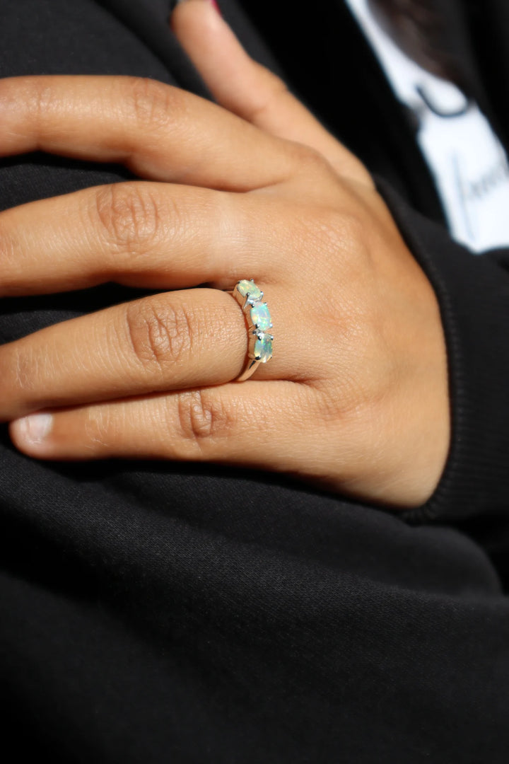 Natural Opal Three Stone Ring in 925 Sterling Silver by Carat For You