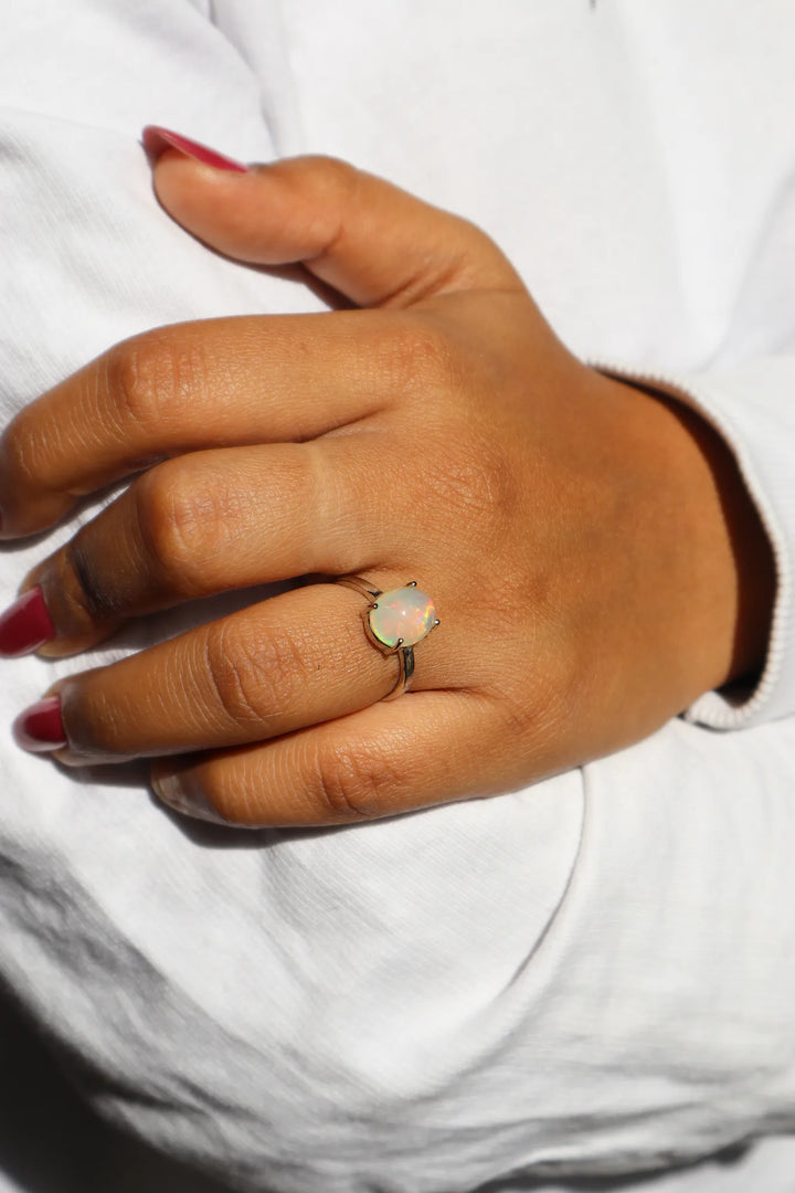 Natural Oval Opal Solitaire Ring in 925 Sterling Silver 