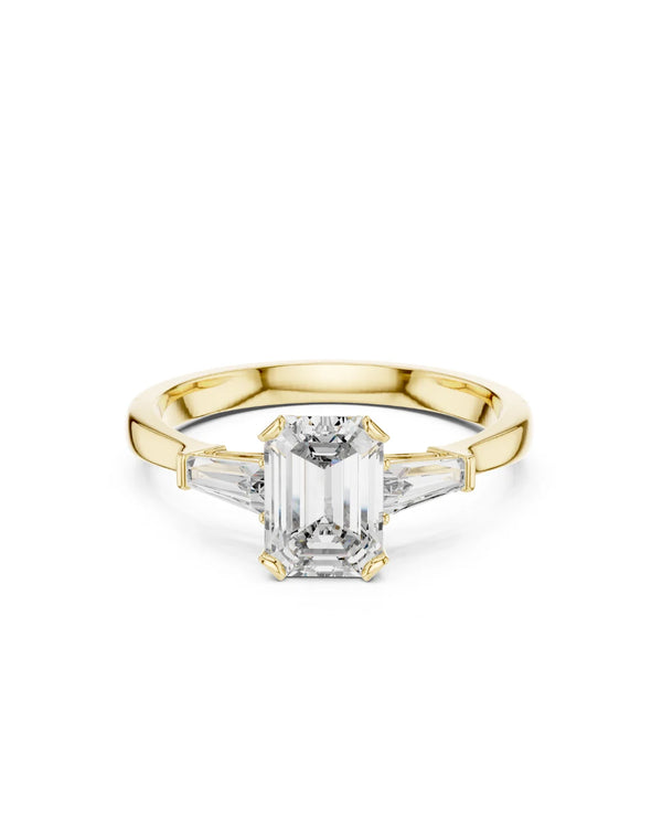 Nyra Emerald & Baguette Cut Three Stone Moissanite Ring