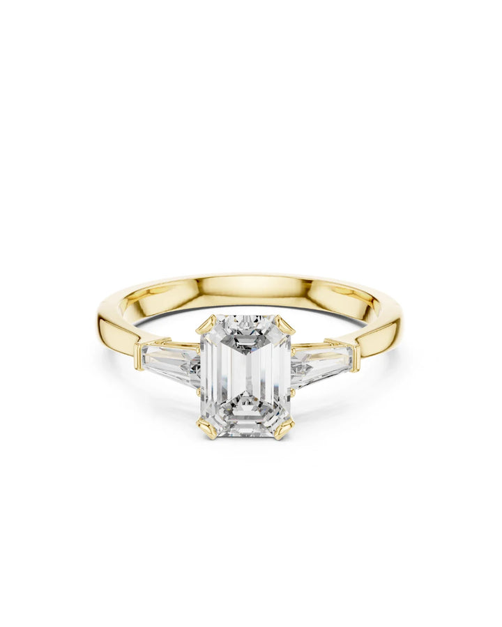 Nyra Emerald & Baguette Cut Three Stone Moissanite Ring