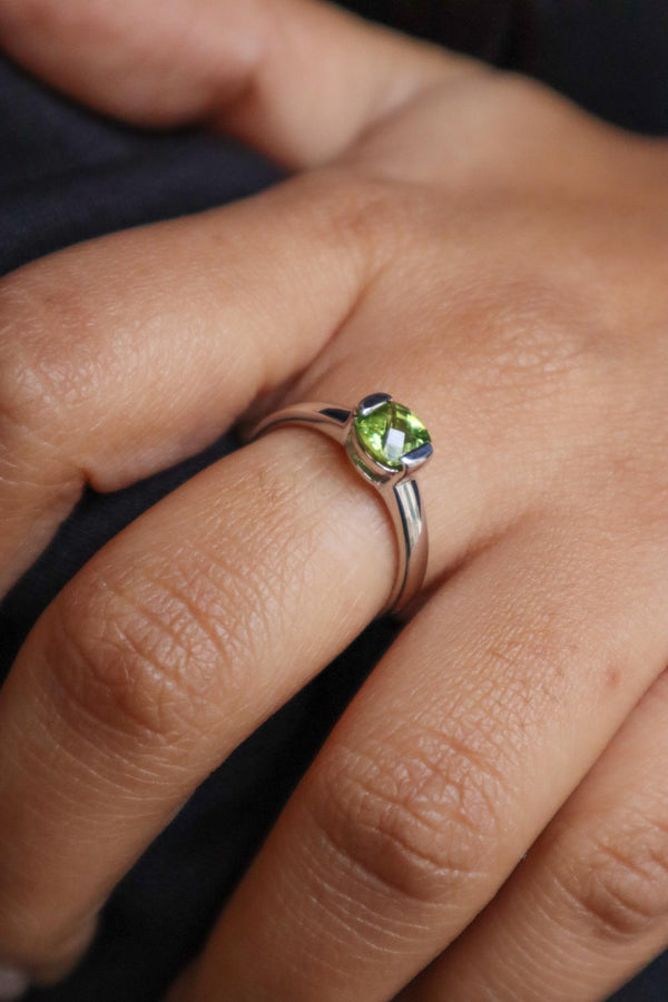 A closeup image of Peridot Radiant Ring -4 by Carat For You 