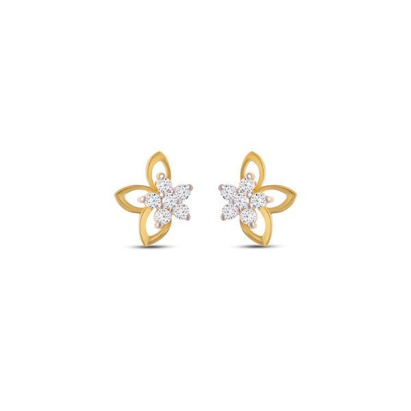 A pair of petal-shaped moissanite stud earrings with 92.5 sterling silver, featuring rhodium plating and a push back closure.