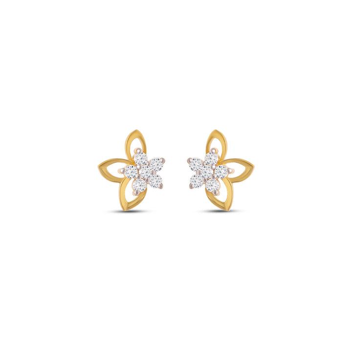 A pair of petal-shaped moissanite stud earrings with 92.5 sterling silver, featuring rhodium plating and a push back closure.
