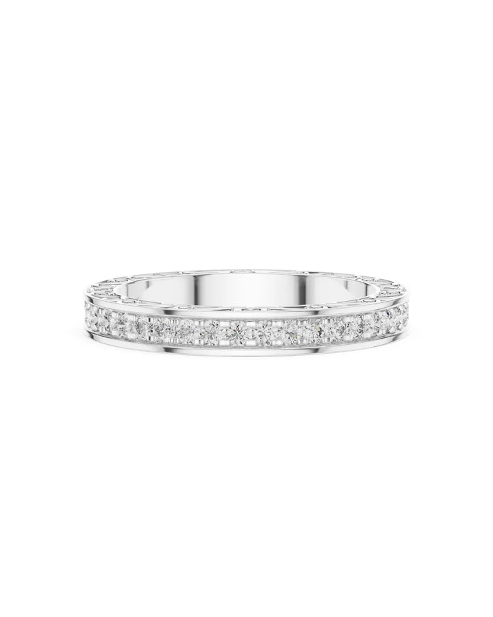 Side view of 18K White Gold Vermeil Victoria Filigree Moissanite Eternity Band - 925 Sterling Silver by Carat For You