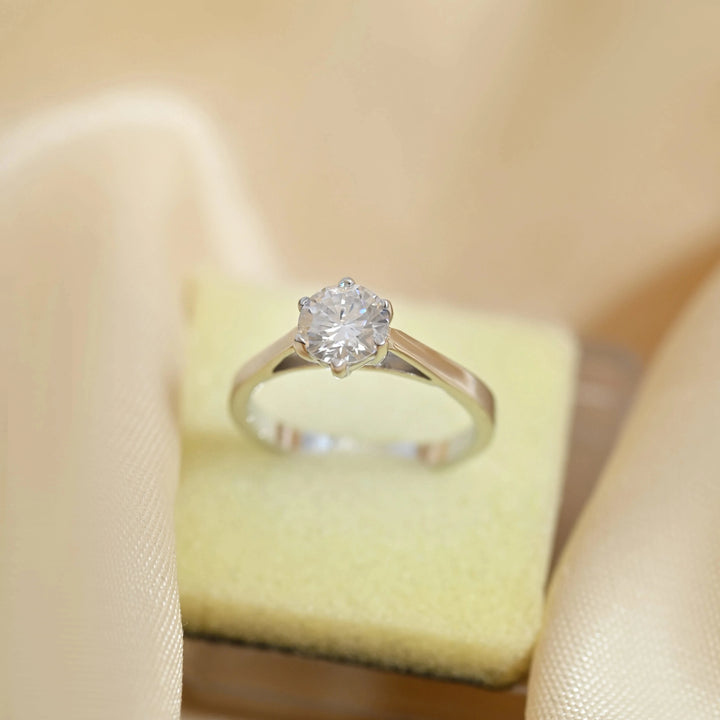 Unique 6-Prong Moissanite Solitaire Ring in 925 Sterling Silver by Carat For You on Ring Box
