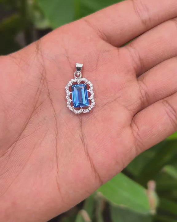 Victorian Baguette Lab Grown Blue Sapphire Pendant Necklace in 925 Sterling SIlver Video