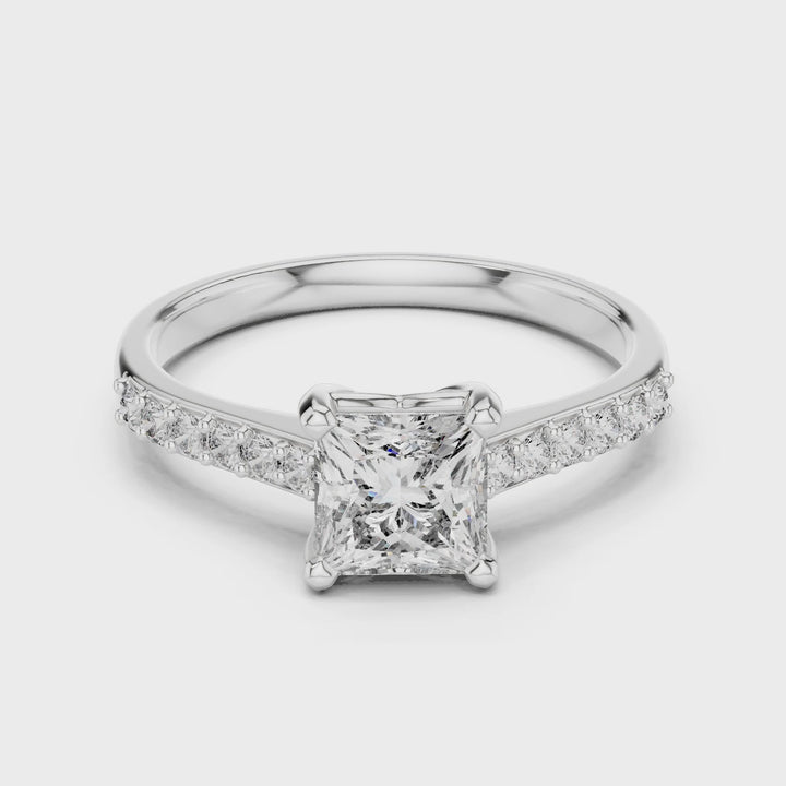 18K White Gold Vermeil Quin Classic Princess Cut Pave Moissanite Solitaire Ring Video